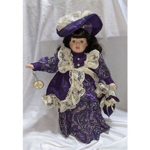 Porcelain Doll in Purple Victorian Style Dress with Hat and Umbrella